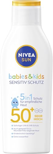 NIVEA SUN Babies & Kids Sensitiv Schutz Sonnenmilch LSF 50+ (200 ml), extra wasserfeste Sonnencreme mit LSF 50+, Sonnenlotion für Kinder ohne Parfüm im Sale